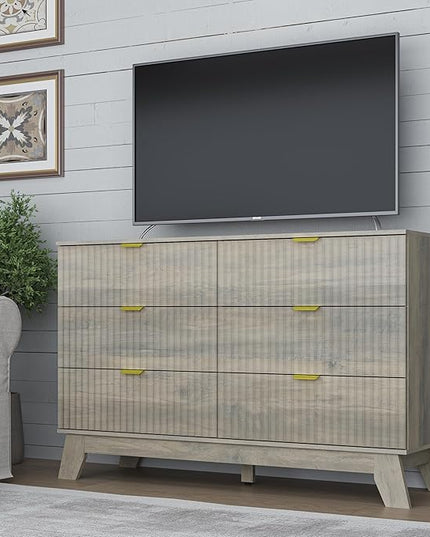 BORNOON Fluted 6 Drawer Dresser, 47.2" Wide Modern Boho Chest of Drawers, Wooden Storage Dresser TV Stand for Bedroom, Living Room, Closet, Hallway, Curved Profile Design