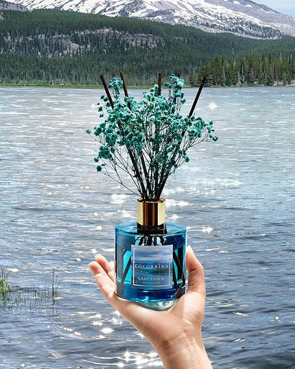 COCORRÍNA Reed Diffuser - Lake Tahoe 6.7 Fl.oz Reed Diffuser Set with 8 Sticks & Preserved Baby's Breath, Reed Diffuser for Home Bathroom Shelf Decor