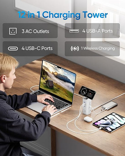 Power Strip Tower Surge Protector, TenTrend Flat Plug Extension Cord with 3AC Outlets & 8 USB Ports(4 USB-C), 115W Fast Charging Station for Home, Office Supplies, Dorm Room