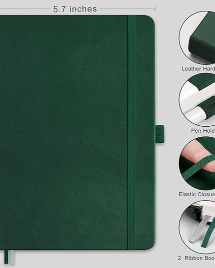 RETTACY Lined Journal Notebook, 192 Numbered Pages, A5 Medium Size (5.7'' x 8.3''), for Men & Women, Journaling, Writing, Work & Office, Leather Hardcover, 100 GSM Thick Paper (Dark Green)