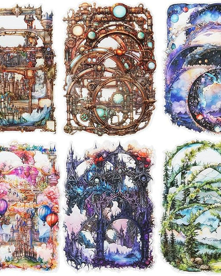 AuriicLeaf Fantasy Frame PET Sticker Set, 60PCS Board Ephemera for Scrapbooking, Junk Journaling, Crafts, DIY and Art Supplies