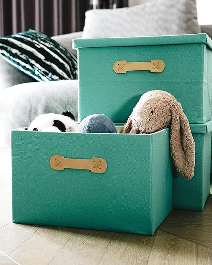 Enzk&Unity Decorative Storage Bins with Lids, Fabric Linen Foldable Storage Box with Handle Home Organizer for Shelf, Closet, Bedroom, Living Room, Office, 3 Packs, Teal
