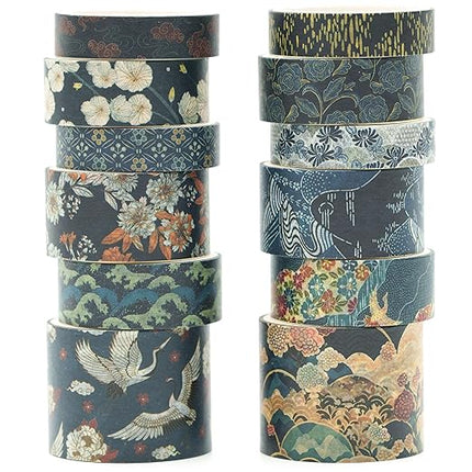 Songdao 12 Rolls Kyoto Charm Washi Tape Set Japanese Arts Adhesive Tapes Geometric Garden Decorative Masking Tape Sets for Craft, Kids, Scrapbook, DIY, Gift Wrapping (Azure Tranquility)