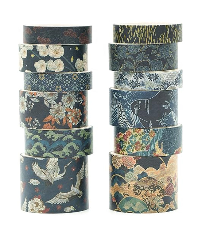 Songdao 12 Rolls Kyoto Charm Washi Tape Set Japanese Arts Adhesive Tapes Geometric Garden Decorative Masking Tape Sets for Craft, Kids, Scrapbook, DIY, Gift Wrapping (Azure Tranquility)