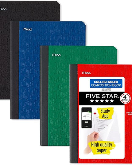 Five Star Composition Book + Study App, 4 Pack, College Ruled Paper, 7-1/2" x 9-3/4", 80 Sheets, Forest Green, Pacific Blue, Fire Red and Black (850065B-ECM)