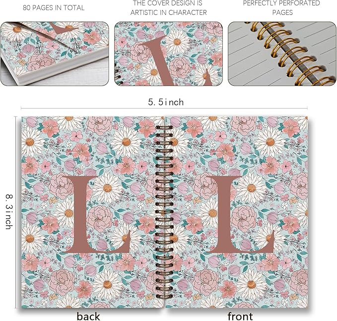 Vintage Floral Personalized Notebook, Initial Letter L Notebook Journal ,Vintage Flower Notebook for Work School Office Supplies,,Monogrammed Notebook for Women Teen Girl,Back to School Supplies 5.5 x 8.3