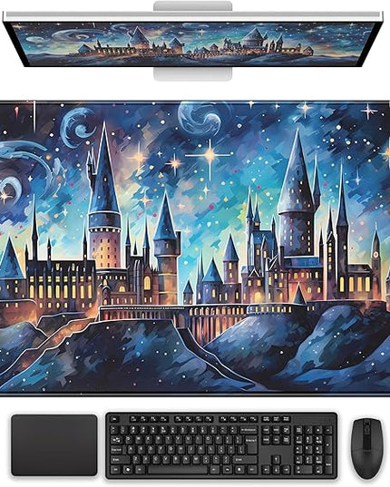 Blue Castle Desk Mat Aesthetic Cute Desk Pad, Extended Large Mouse Pad XXL Gaming Keyboard Pad, Computer Desktop Mouse Mat Full Desk Laptop Mat, Fantasy Art Office Desk Accessories 31.5" x 15.7"