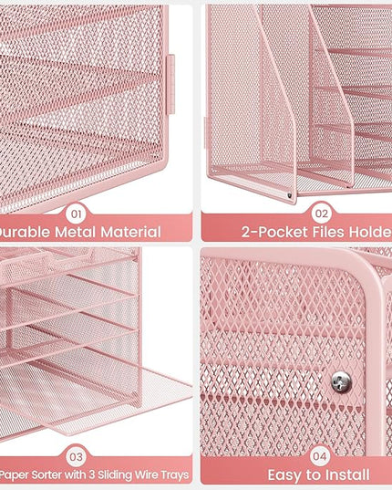 Lavatino 5-Tier Desk Organizer with 2 File Holders, Metal Adjustable Paper Letter Tray for Office or Home Desk Organizers and Accessories | 7 Flexible Dividers Keep Workspace Supplies Neat, Pink