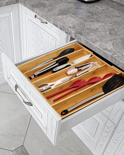 Purawood Kitchen Drawer Organizer, 2 Pack - Expandable Utensil Drawer Organizer for Kitchen, Cutlery Tray & Silverware Organizer, 3-5 Slots - Bamboo Organizer for Utensils & Flatware (Natural)
