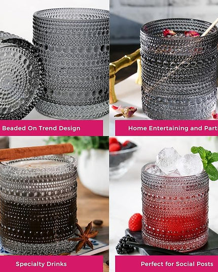 Kate Aspen Hobnail Beaded Drinking Glasses Vintage Glassware Set | Cocktail Glass Set, Juice Glass, Water Cups | Makes A Great Hostess Gift, Gift for Newlyweds (Smoke Grey)