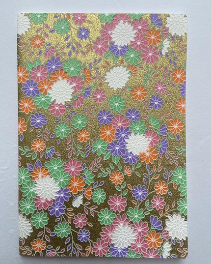 Made in Japan Echizen Washi Notebook with Sakura Watermark(Page 48) & 2 sheetsYuzen Origami Paper Set – Luxury Japanese Stationery Gift (Gold Festival Flowers)