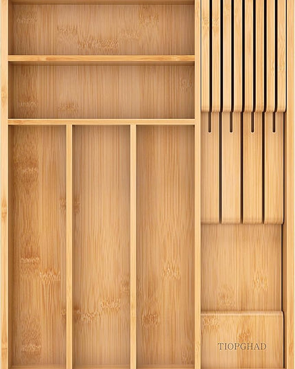Small-Bamboo-Silverware-Drawer-Organizer, Expandable Utensil Kitchen Cutlery Tray Flatware Organization Adjustable Wood Tableware Dividers Storage (with Removable Knife Block)(Natural)