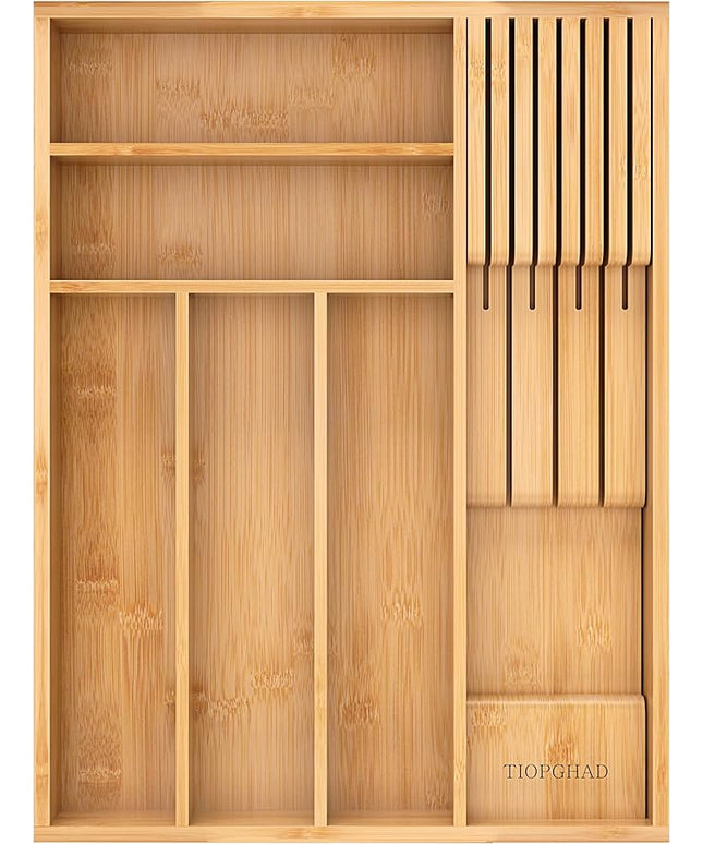 Small-Bamboo-Silverware-Drawer-Organizer, Expandable Utensil Kitchen Cutlery Tray Flatware Organization Adjustable Wood Tableware Dividers Storage (with Removable Knife Block)(Natural)