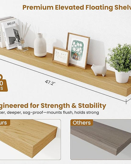 Fun Memories Floating Shelves 48 Inch, Extra Large Wood Shelf Set of 2, Hanging Wall Shelves for Bathroom, Living Room, Kitchen, Bedroom, Oak