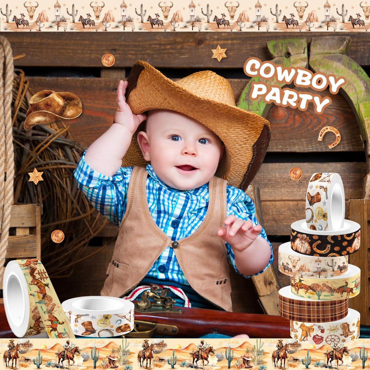 MOZUI 12 Rolls Western Washi Tape Masking Decorative Cowboy and Cowgirl Washi Tape for DIY Craft Gift Wrapping Handbook Sticker Scrapbook Journaling Party Favor