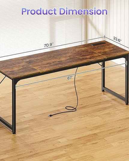 PRAISUN 70 X 24 Inch Office Computer Desk with Power Outlets and USB-C Port, Larger and Longer Gaming Desk, for Home Office, Study, Writing Work from Home Table, Metal Frame, Rustic Brown