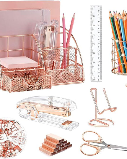 Rose Gold Desk Organizers and Accessories Office Supplies Set Stapler, Pen Holder, Phone Holder, Scissors, Pen, Ruler, 30 Paper Clips, 22 Binder Clip, 20 Tacks and 1000pcs Staples