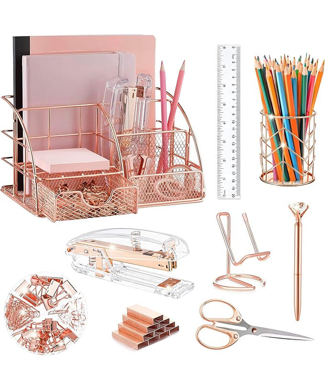 Rose Gold Desk Organizers and Accessories Office Supplies Set Stapler, Pen Holder, Phone Holder, Scissors, Pen, Ruler, 30 Paper Clips, 22 Binder Clip, 20 Tacks and 1000pcs Staples