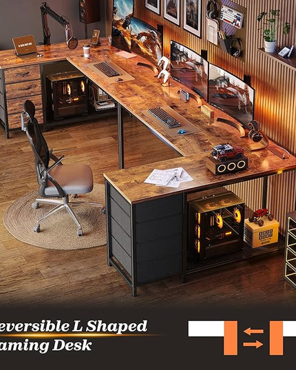 PRAISUN 53" L Shaped Desk with Power Outlets and USB-C Port, Reversible Computer Corner Office Desk with 4 Fabric Drawers and 2 Height-Adjustable Shelves, Large for Gaming Writing Study, Rustic Brown