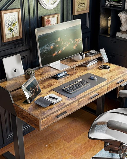 FEZIBO Standing Desk Adjustable Height, 55 x 26 Inches Sit and Stand Home Office Computer Desk with Drawers, Rustic Brown