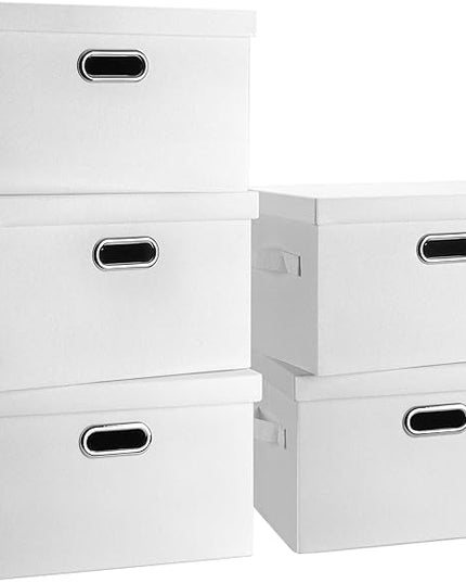 Medium 15" 21 Quart Collapsible Stackable Storage Bins with Lids, 5 Packs White Foldable Fabric Closet Storage Boxes with Lids, Lidded Heavy-duty Linen Baskets(15x11x8)