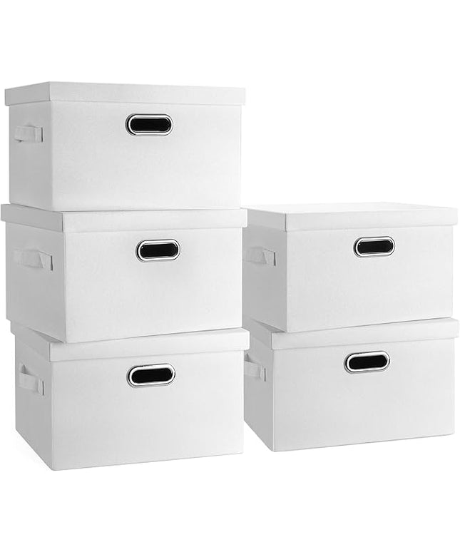Medium 15" 21 Quart Collapsible Stackable Storage Bins with Lids, 5 Packs White Foldable Fabric Closet Storage Boxes with Lids, Lidded Heavy-duty Linen Baskets(15x11x8)
