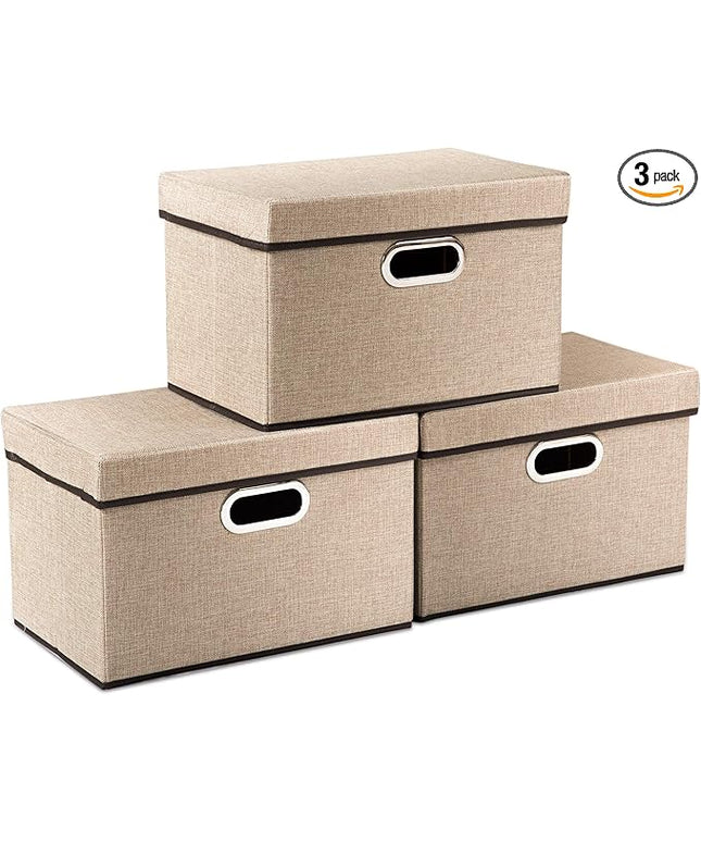 PRANDOM Collapsible Storage Cubes with Lids [3-Pack] Jute Fabric Foldable Storage Boxes Organizer Containers Baskets Bins with Cover for Home Bedroom Closet Office Nursery (14.9x9.8x9.8)