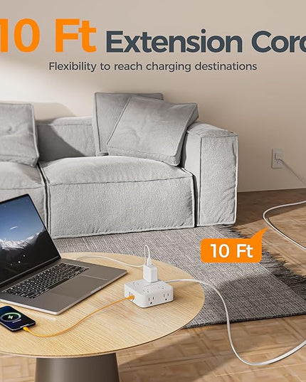 TESSAN 10 Ft Flat Plug Extension Cord with Multiple Outlets, Surge Protector Power Strip with 3 USB(1 USB C) 8 Outlets, 900J Protection, Desk Charging Station for Home, Dorm Room Essentials, White