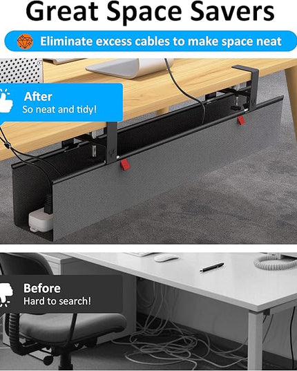 Under Desk Cable Management Tray - Under Desk Cord Management - Clamp/Screw Mount - Fabric Wire Management - Cable Raceways Tray Cord Hiders for Office/Home (Black, 35.8"×5.6")