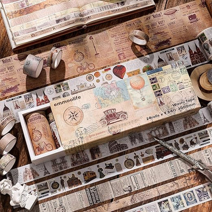 24 Rolls Vintage Washi Tape Set, Antique Car Buildings Map Stamp Stripe Writable Aesthetic Washy Decorative Tapes for Scrapbooking, Junk Journal Supplies, Bullet Journaling 5-75mm Wide (3m Long)/Roll