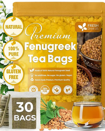 FreshDrinkUS, Premium 30 Fenugreek Tea Bags, 100% Natural & Pure from Fenugreek. Fenugreek Herbal Tea. Made with Natural Material Tea Bags. No Sugar, No Caffeine, No Gluten, Vegan.