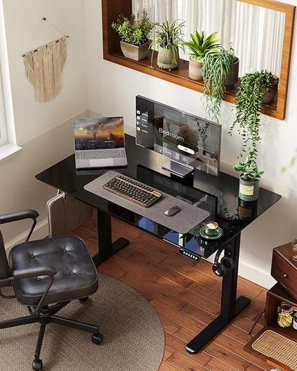 INNOVAR Glass Standing Desk with Drawers, 48×24 Inch Adjustable Stand Up Desk, Quick Install Home Office Computer Desk, Black