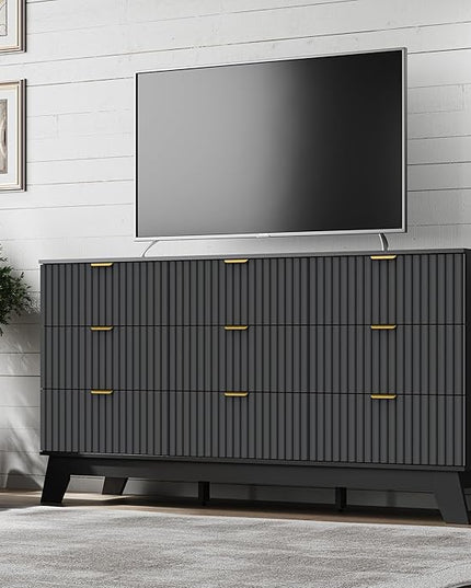 BORNOON Fluted 9 Drawer Dresser, 57.1" Wide Modern Boho Chest of Drawers, Wooden Storage Dresser TV Stand for Bedroom, Living Room, Closet, Hallway, Curved Profile Design