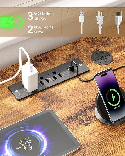 L Shaped Desk with 0.95 Inch Thicker Desktop & Storage Bag, Computer Desk with Power Outlets & Lights, Reversible Gaming Desk for Home Office, Corner Desk, Study Room, Living, Bedroom, Brown