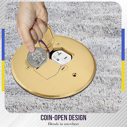 ENERLITES Dual Flip Lid Floor Box Cover, 5.625" Diameter, 20A Tamper-Weather Resistant Receptacle Outlet, Watertight Gaskets, 975517-C, UL Listed, Brass, 1 Gang