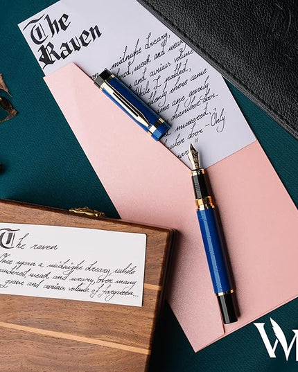Wordsworth & Black Primori Fountain Pen Set [Blue Gold]; Fine Nib, Gift Case, 24 Ink Cartridges, Refill Converter, Manual; Journaling, Calligraphy, Smooth Writing Pens; Left and Right Handed