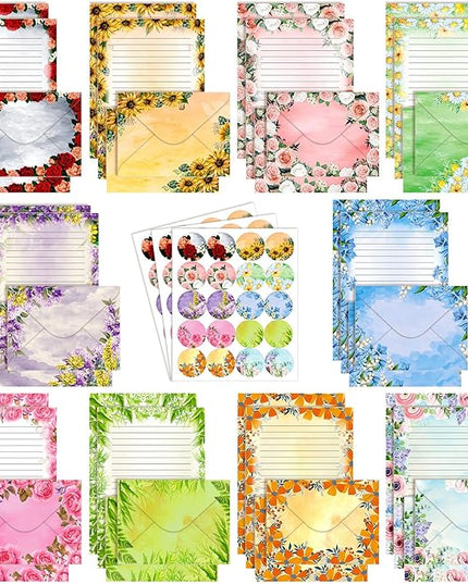 TaoBary 160 Pcs Stationery Paper Set 50 Double Sided Stationery Papers with 50 Matching Envelopes and 60 Round Dot Sticker, 10 Design(Flower,5.5 x 8.25 Inch)