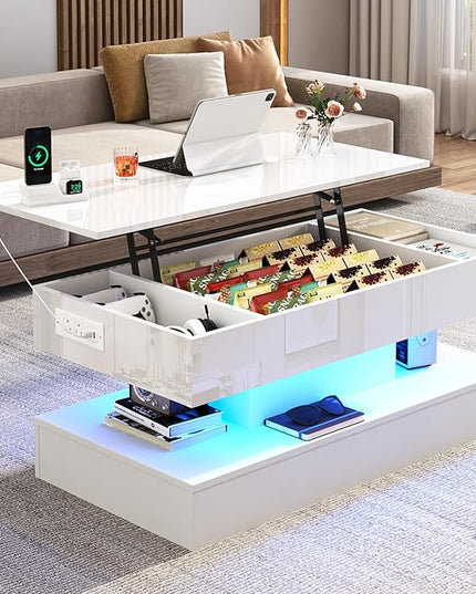 39.4" Large Lift Top Coffee Table,Modern High Glossy LED Coffee Tables for Living Room with Storage,Black Living Room Tables for Living Rooms,Dining Room,Bedroom Home Office,APP LED Lights（White）