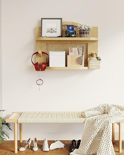 Rattan Wall Shelf Set of 2, Boho Natural Wicker Shelf for Wall with Wood Hook, Nursery Floating Shelves Wall Mounted Rustic Farmhouse Floating Shelf for Decor Storage