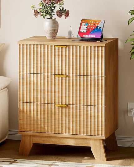 BORNOON 30.5" Nightstand with Charging Station, 3-Drawer Fluted Bedroom Chest, Wood Bedside Dresser with Power Outlets and USB Ports, Metal Slides, Stable Base, Modern Storage Cabinet for Small Spaces