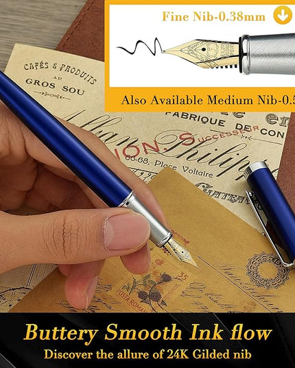 BEILUNER Luxury Fountain Pen Set,Solid 24K Gilded Fine Nib, Modern Classic Limited Edition -Includes 6 Ink Cartridges&Ink Refill Converter with Gift Case-Perfect for Men and Women（Charming blue）