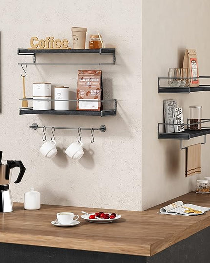 Forbena Black Floating Shelves for Bathroom Wall Set of 2, Kitchen Spice Rack Wall Mount, Modern Wood Hanging Wall Shelves for Bedroom Organizer, Restroom Pantry Closet Storage (Grey-Black)