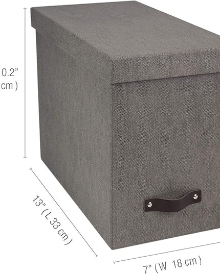 Bigso John Desktop File Box - Storage Solution and Document Organizer for Important Paperwork - Durable Hanging File Box with a Lid and Leather Handle - 7.36 in x 13.26 in x 10.51 in - Grey