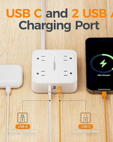 TESSAN Flat Plug Extension Cord, 5 Ft Surge Protector Power Strip with 3 USB (1 USB C) 8 Outlets, 900J Surge Protection, 3 Sided Outlet Extender with Power Switch for Dorm Room Essentials, White