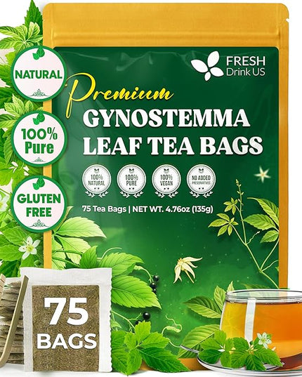 FreshDrinkUS, Premium Gynostemma Tea Bags (Jiaogulan) | 75 Count | Naturally Smooth & Earthy Caffeine-Free Herbal Tea – Plant-Based Tea Bags for Daily Enjoyment. Caffeine Free, Sugar Free. Vegan
