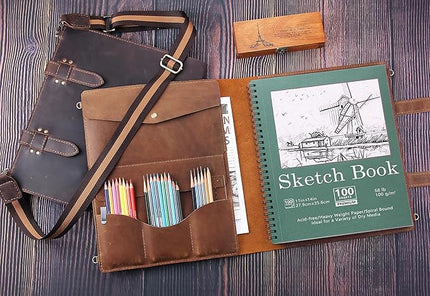 Robrasim Handmade Leather Sketchbook Cover, Artist Sketch Pad Holder for 11"X14" Sketchbook, Drawing Book and Pencil Case, Journal Notebook Portfolio with Shoulder Strap, Artist Gifts, Brown