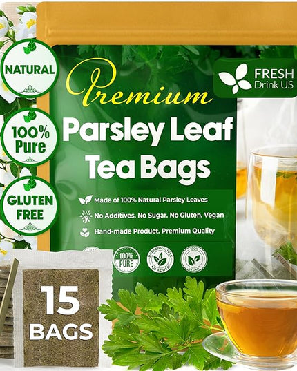 FreshDrinkUS, Premium 15 Parsley Leaf Tea Bags, 100% Natural & Pure from Parsley Leaves. Loose Leaf Parsley Herbal Tea. Made with Natural Material Tea Bags. No Sugar, No Caffeine, No Gluten, Vegan.