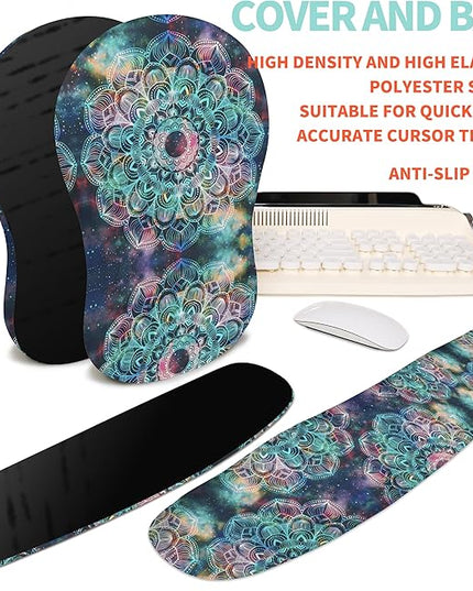 2-in-1 Ergonomic Set, Wave Rise Keyboard Wrist Rest and Massage Bulge Slope Mouse Pad Wrist Support, Cushion Memory Foam Integrated to Relieve Wrist Pain, Galaxy Mandala