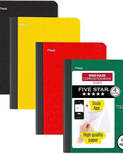 Five Star Composition Book + Study App, 4 Pack, Wide Ruled Paper, 7-1/2" x 9-3/4", 80 Sheets, Forest Green, Tidewater Blue, Fire Red and Harvest Yellow (950033B-ECM)