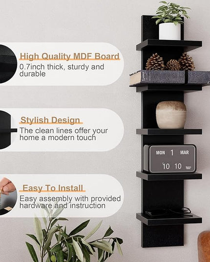 Fun Memories 5 Tier Wall Shelf Unit, Black Floating Shelves for Storage - Vertical Column Tower Design, Lack Wall Shelf Space Saving Organizer for Bedroom, Living Room, Home Decor， 2Pack